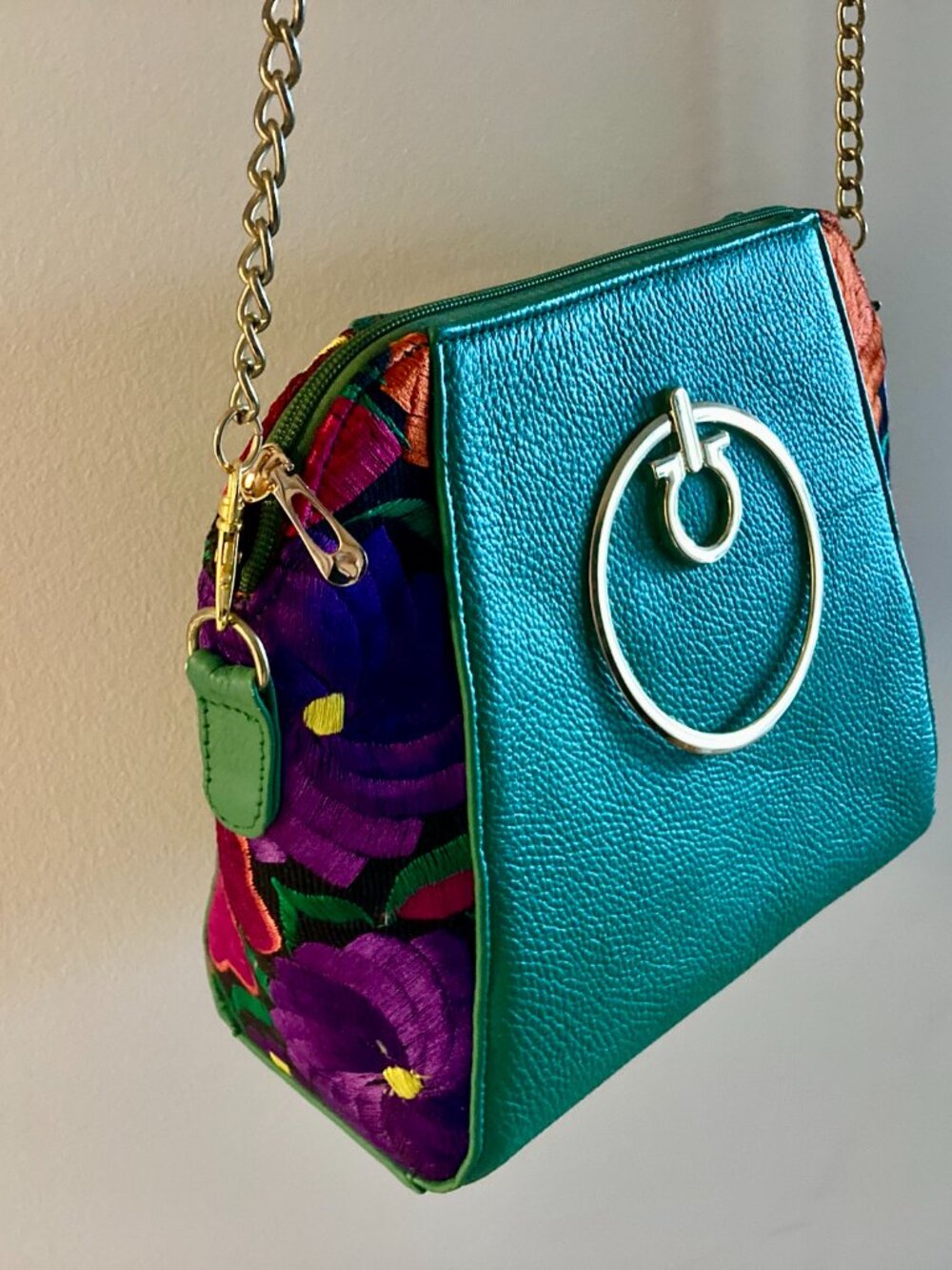 Stunning artisanal embroidered leather purse from Mexico